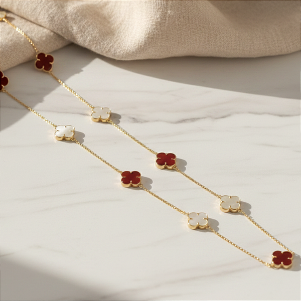 Colar Ouro 18k com 9 Trevos Madrepérola & Ágata Vermelha