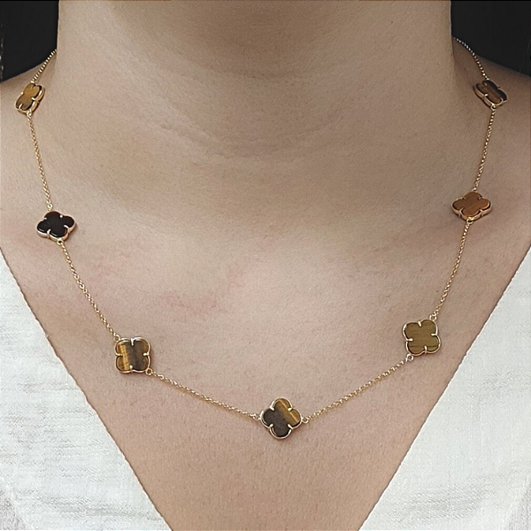 Colar Ouro 18k com 9 Trevos Olho de Tigre