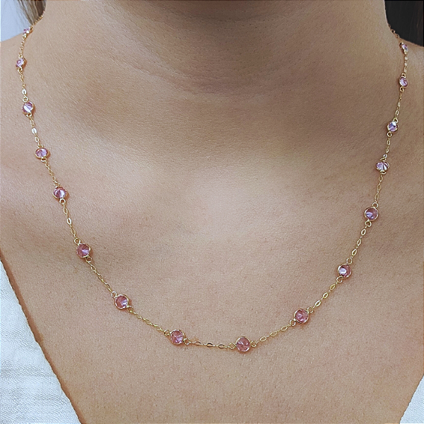 Colar Ouro 18k Pedras Rosa Espaçadas