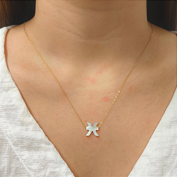 Colar Ouro 18k Signo Peixes Madrepérola na Corrente Zeta