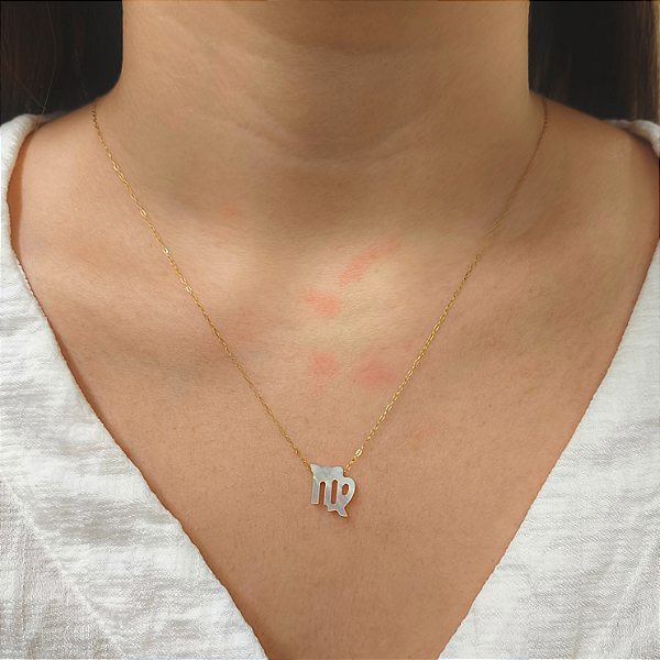 Colar Ouro 18k Signo Virgem Madrepérola na Corrente Zeta