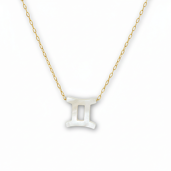 Colar Ouro 18k Signo Gêmeos Madrepérola na Corrente Zeta