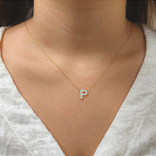 Colar Ouro 18k Letra "P" Madrepérola na Corrente Zeta