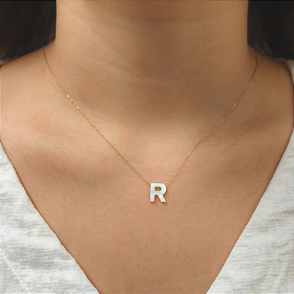 Colar Ouro 18k Letra "R" Madrepérola na Corrente Zeta
