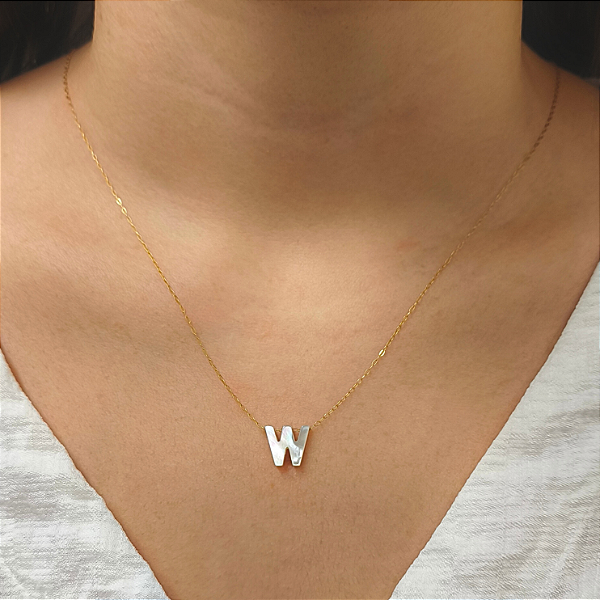 Colar Ouro 18k Letra "W" Madrepérola na Corrente Zeta