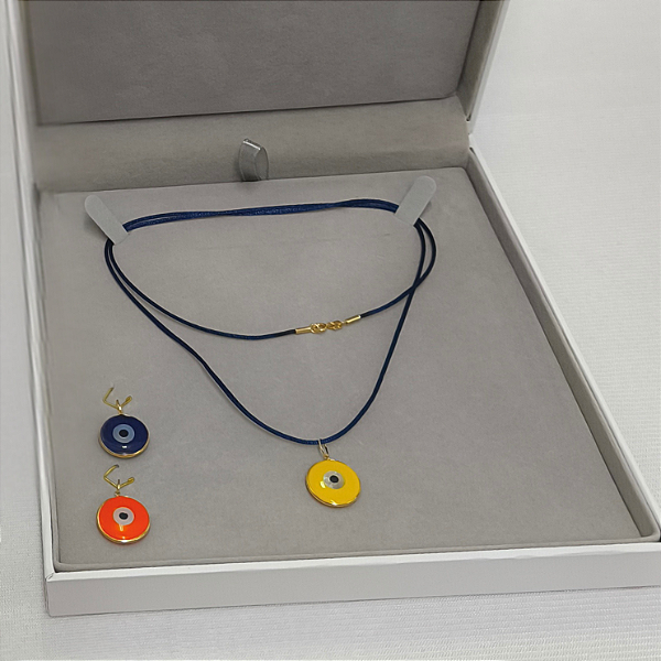 Kit com 3 Pingentes Olho Grego 15mm Ouro 18k + Colar Fio de Seda - Personalizado
