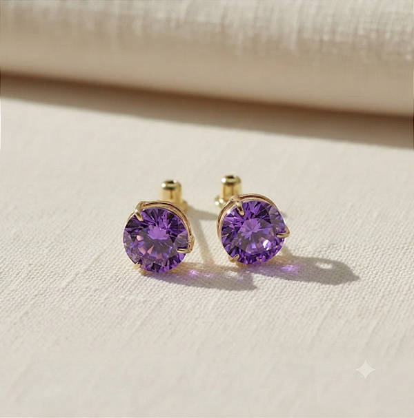 Brinco Ouro 18k Ponto de Luz Redonda 6mm Roxo