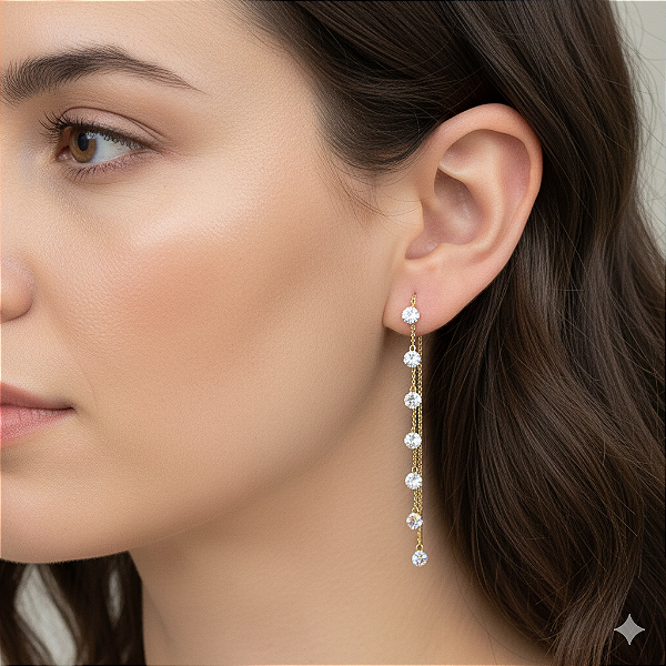 Brinco Celebre em Ouro 18k com Pedrinhas Pendentes