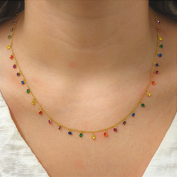 Colar Rainbow em Ouro 18k com Pedrinhas Pendentes