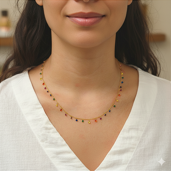 Colar Rainbow em Ouro 18k com Pedrinhas Pendentes