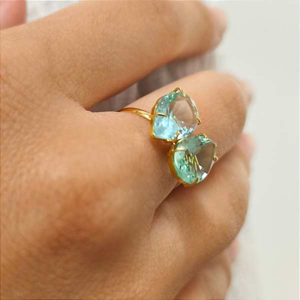 Anel Ouro 18k  Due Gocce com Ametista Verde e Topázio Sky Naturais