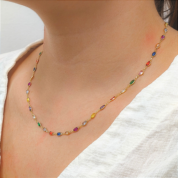 Colar Ouro 18k Pedras Coloridas Juntas