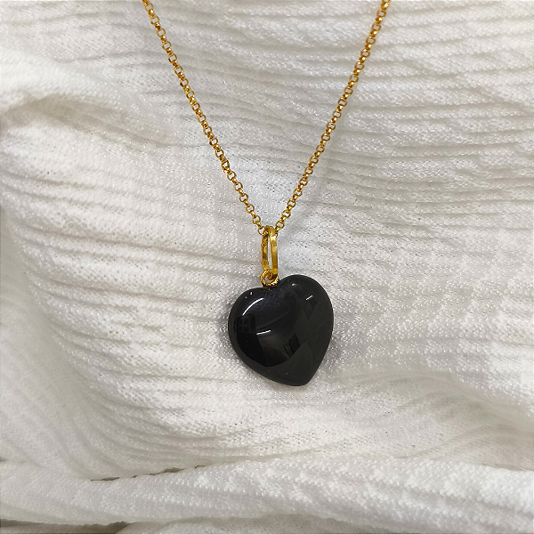 Pingente Ouro 18K Coração Ônix Abaulado
