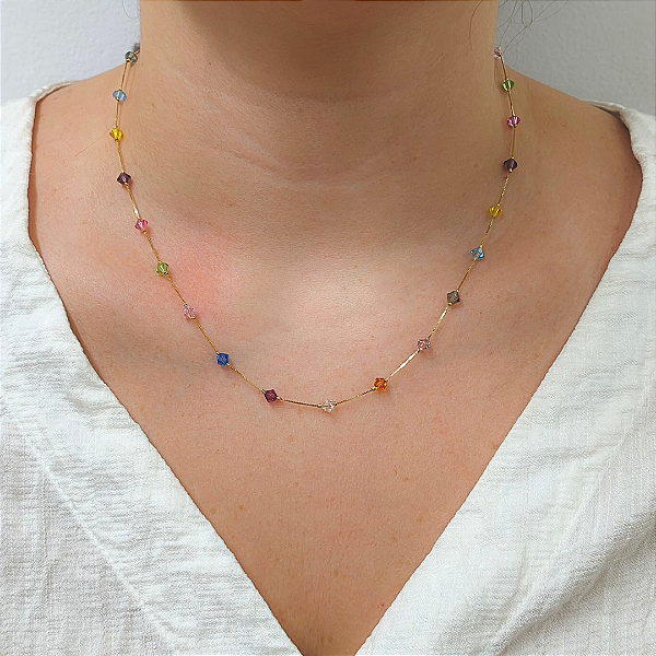 Colar Cristal Colorido em Ouro 18k