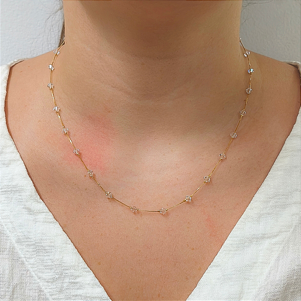 Colar Cristal Transparente em Ouro 18k