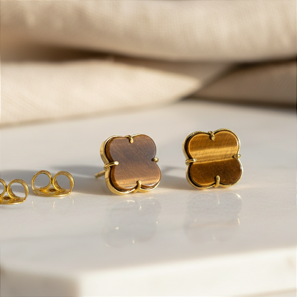 Brinco Ouro 18k Trevo Olho de Tigre