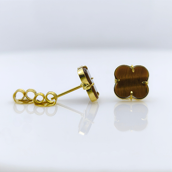 Brinco Ouro 18k Trevo Olho de Tigre