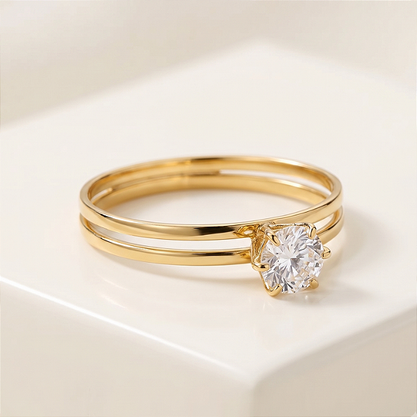 Anel Solitário Aro Duplo Cálice Ouro 18k com Moissanite