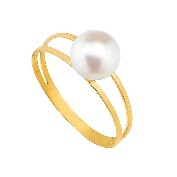 Anel Pérola Natural Ouro 18k Aro Duplo