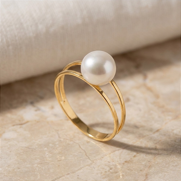 Anel Pérola Natural Ouro 18k Aro Duplo