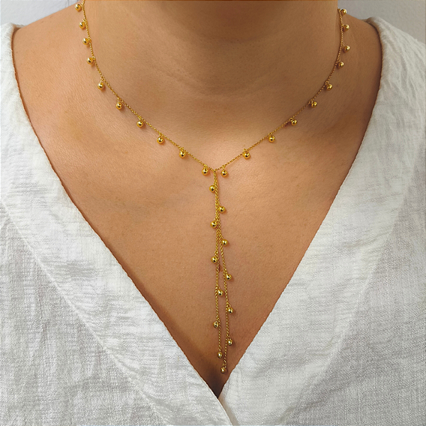 Colar Gravata Ouro 18k com Esferas