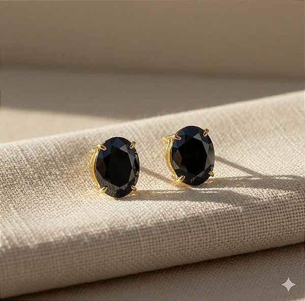 Brinco Ouro 18k Ponto de Luz Oval 6x8mm Ônix Natural