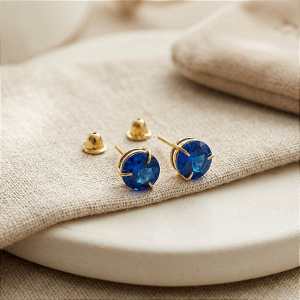 Brinco Ouro 18k Ponto de Luz Redonda 6mm Azul