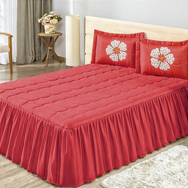 Kit Colcha Cobre Leito Casal 100% Algodão Siena 03 Peças Vermelho Casa Dona  - Casa Dona