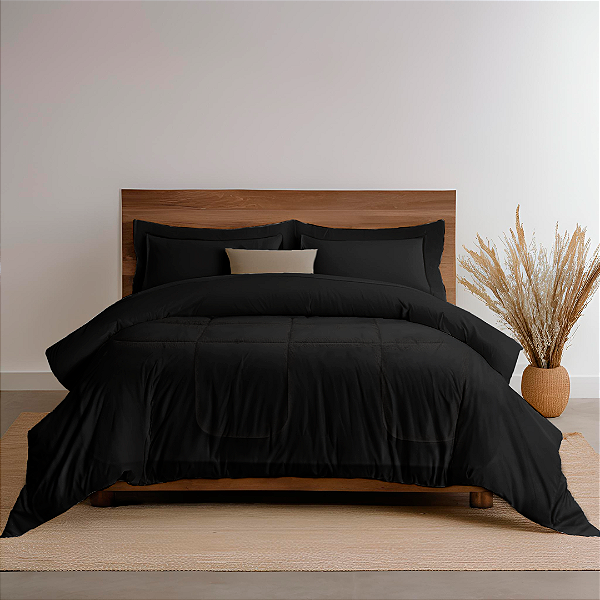 Kit Edredom 6 Peças Casal Queen Aconchego  2,40 X 2,20 Metros Matelado Preto Casa Dona