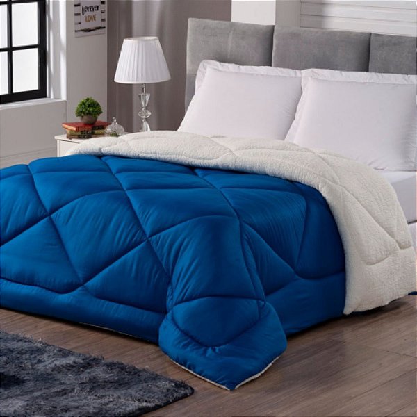 Coberdrom Quebec Queen Sherpa Tipo Lã de Carneiro 2,40 X 2,20 Metros Azul e Palha Casa Dona