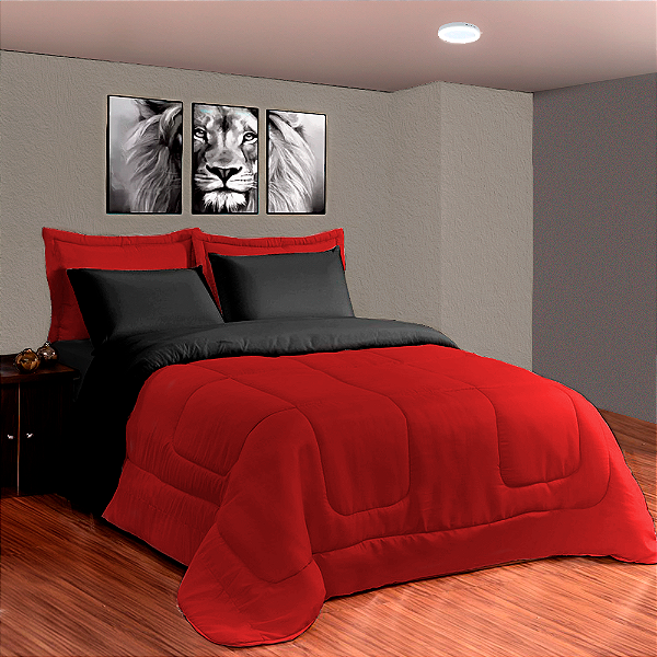 Kit Edredom 6 Peças Casal  Queen 2,40 X 2,20 Metros Matelado Dupla Face Preto e Vermelho Casa Dona