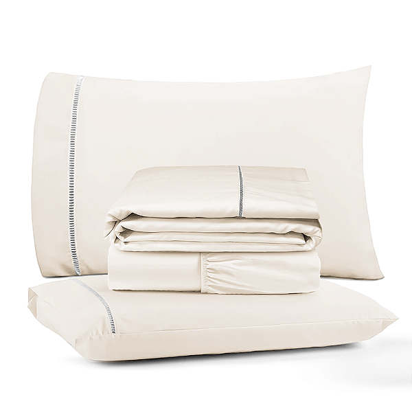 Jogo de Lençol Queen 4 Peças Ponto Palito 400 Fios 1,98 X 1,58 Metros Marfim