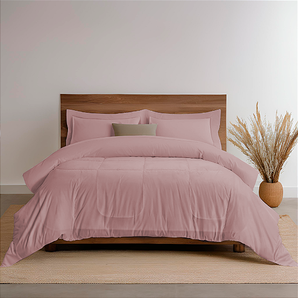 Kit Edredom 6 Peças Casal Queen Aconchego  2,40 X 2,20 Metros Matelado Rosé Casa Dona