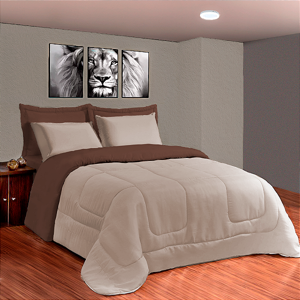 Kit Edredom 6 Peças Casal Queen Aconchego  2,40 X 2,20 Metros Matelado Dupla Face Marrom e Bege Casa Dona