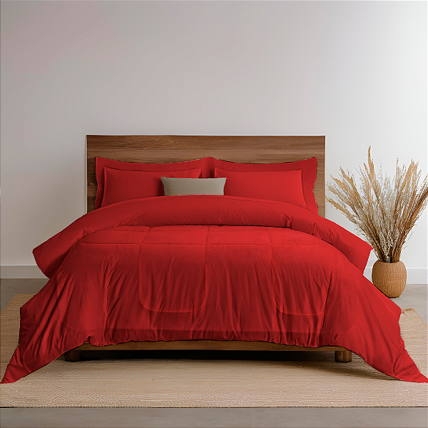 Kit Edredom 6 Peças Casal Queen Aconchego  2,40 X 2,20 Metros Matelado Vermelho Casa Dona