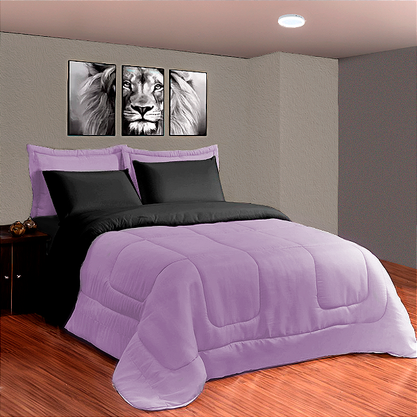 Kit Edredom 6 Peças Casal Queen 2,40 X 2,20 Metros Matelado Dupla Face Preto e Lilás  Casa Dona