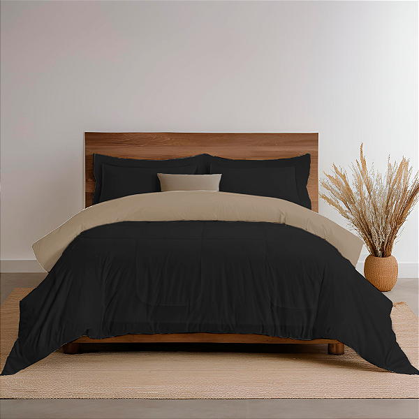 Kit Edredom 6 Peças Casal Queen Aconchego  2,40 X 2,20 Metros Matelado Dupla Face Preto e Bege Casa Dona