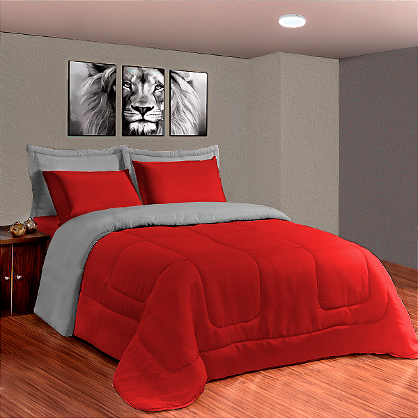 Kit Edredom 6 Peças Casal  Queen 2,40 X 2,20 Metros Matelado Dupla Face Vermelho e Cinza Casa Dona