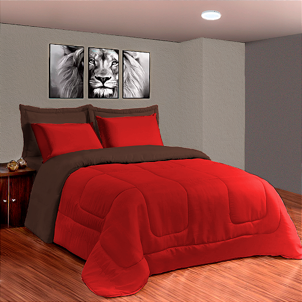 Kit Edredom 6 Peças Casal Queen 2,40 X 2,20 Metros Matelado Dupla Face Vermelho e Marrom Casa Dona