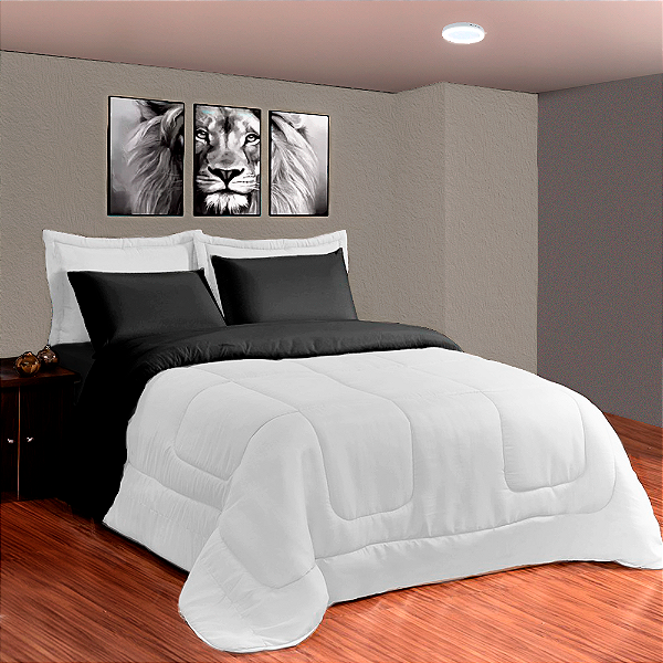 Kit Edredom 6 Peças Casal Queen Aconchego  2,40 X 2,20 Metros Matelado Dupla Face Preto e Branco Casa Dona