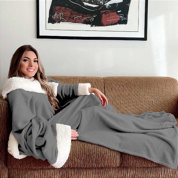 Cobertor com Mangas Manta e Sherpa Cinza Casa Dona