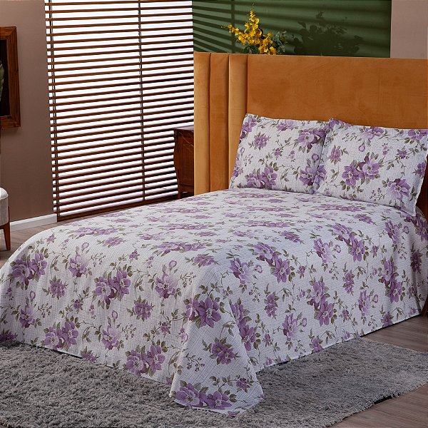 Kit Colcha 3 Peças Império Casal Queen Piquet 2,50 X 2,20 Metros Estampa Floral Lilás Casa Dona