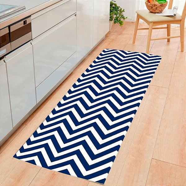 Tapete Passadeira Chevron Sala e Quarto 0,66 X 2,40 Metros Antiderrapante Azul Marinho Casa Dona