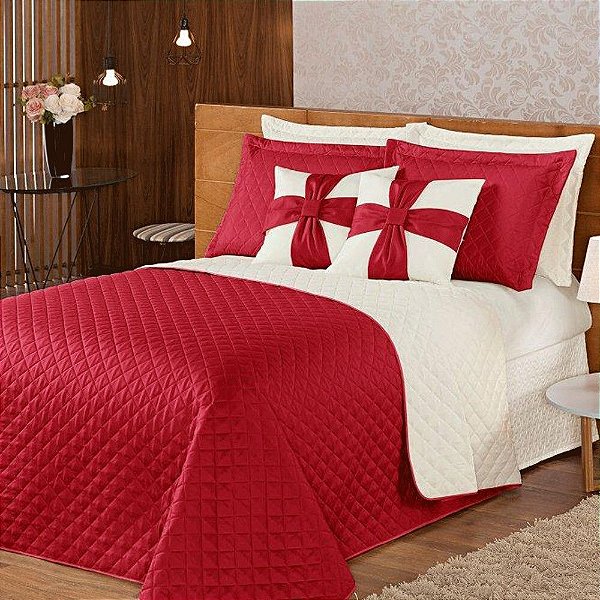 Kit Cobre Leito 7 Peças Ruth Queen 2,60 X 2,40 Metros Matelado Ultrassônico Vermelho Casa Dona