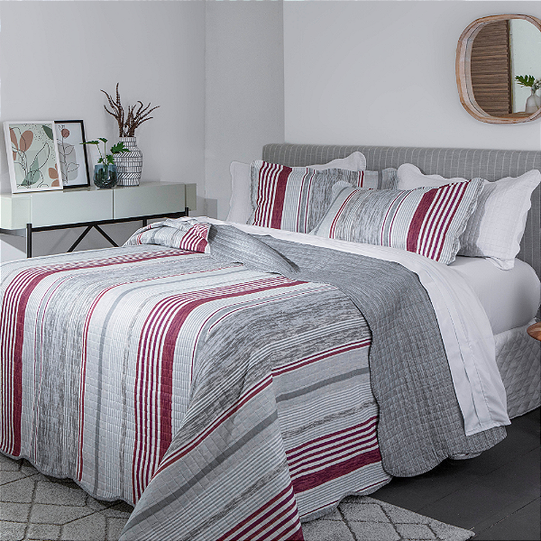 Colcha França estampada Listrado  vermelho King 2,80 x 2,60