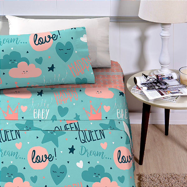 Jogo de Cama Solteiro Infantil 3 Peças Lençol com Elástico Love