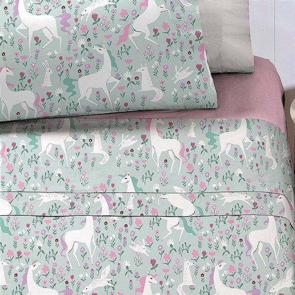 Jogo de Cama Solteiro Infantil 3 Peças Lençol com Elástico Unicornio