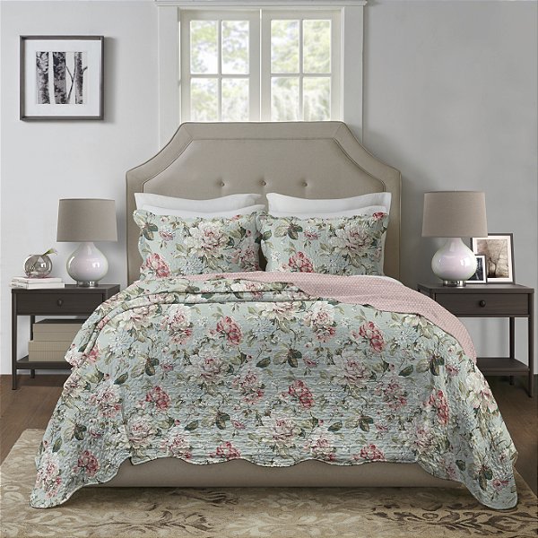 Kit Colcha Cobre Leito Queen Boutis Estampa Jardim Encantado Verde Dupla Face 2,40 X 2,60