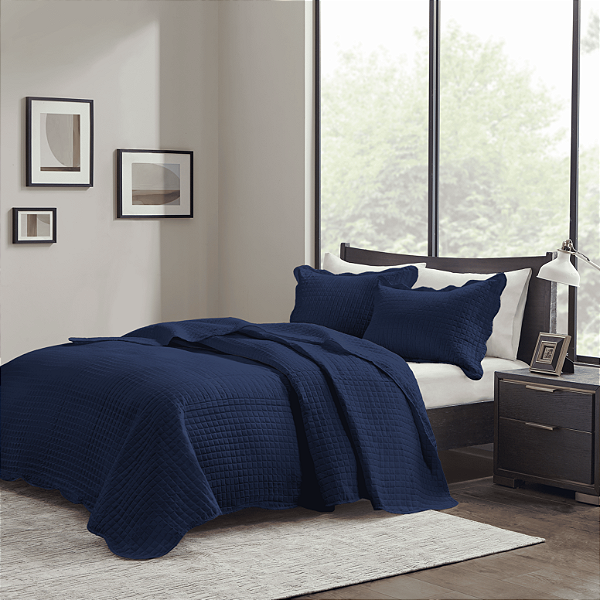 Cobre Leito Colcha Mosaico Azul Marinho 3 Peças Micro Percal 150 Fios Matelado King 2,60 x 2,80 Metros
