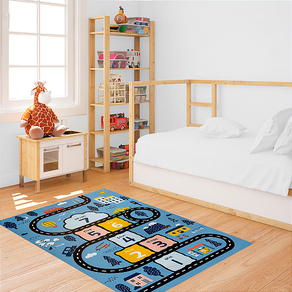Tapete Infantil de Atividades para Quarto 100cm x 140cm Antiderrapante Amarelinha Azul Claro